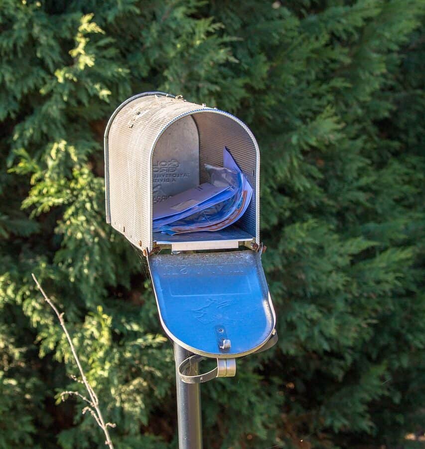 Mailbox with blue mailbag for outgoing mail in a natural setting.