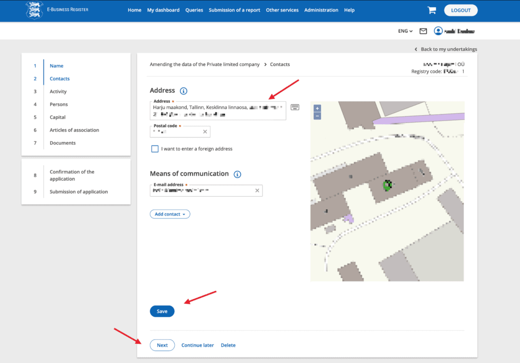 Step-by-step guide for updating your Estonian company address in the online portal.